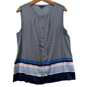 Tommy Hilfiger Women Top Sz XL Navy Polka Dot Pink Striped Modern BizCasual Boho